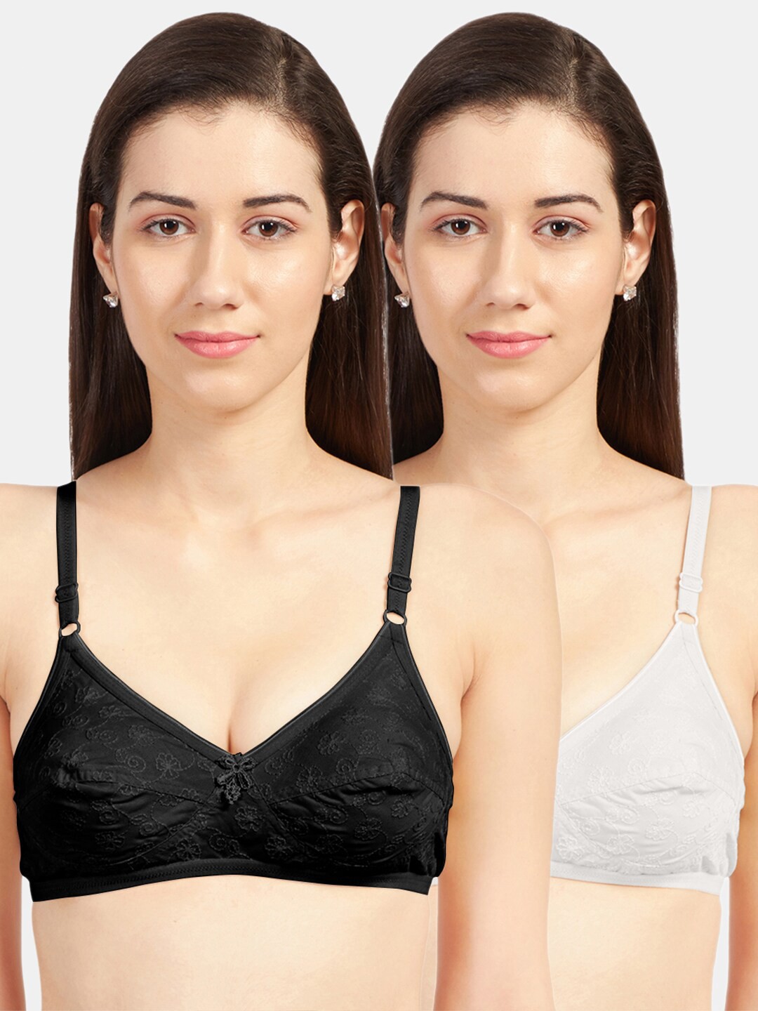 

Sonari Women Pack of 2 White & Black Floral Embroidered Non-Padded Pure Cotton Bra