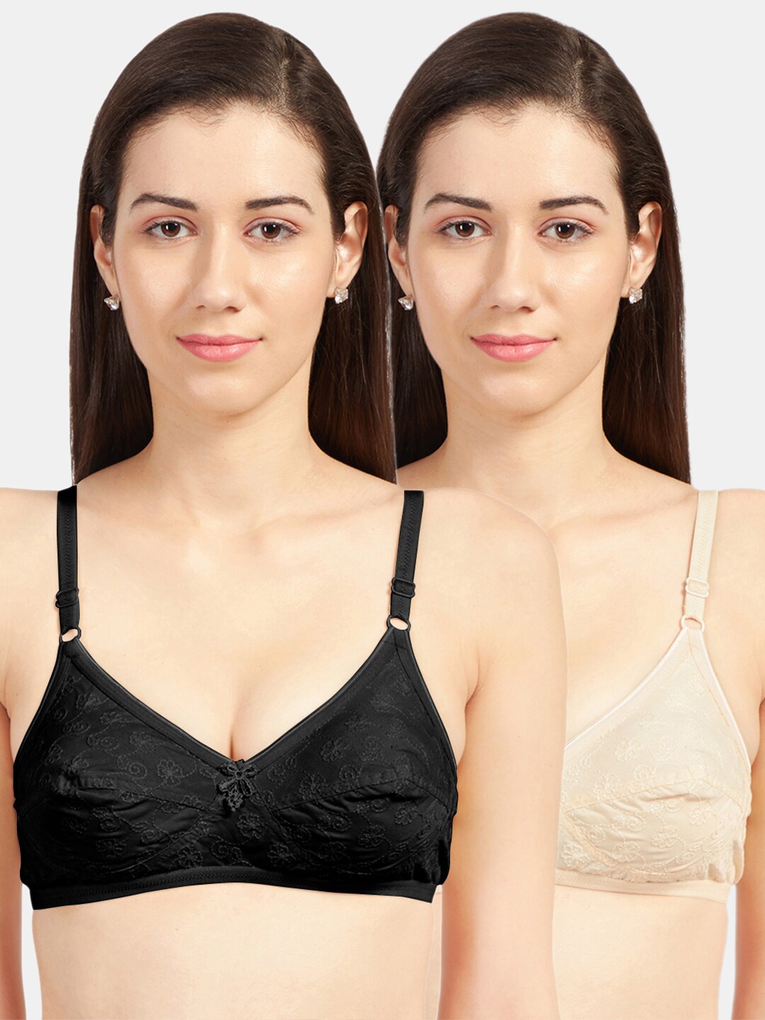 

Sonari Pack of 2 Beige & Black Embroidered Pure Cotton Bra