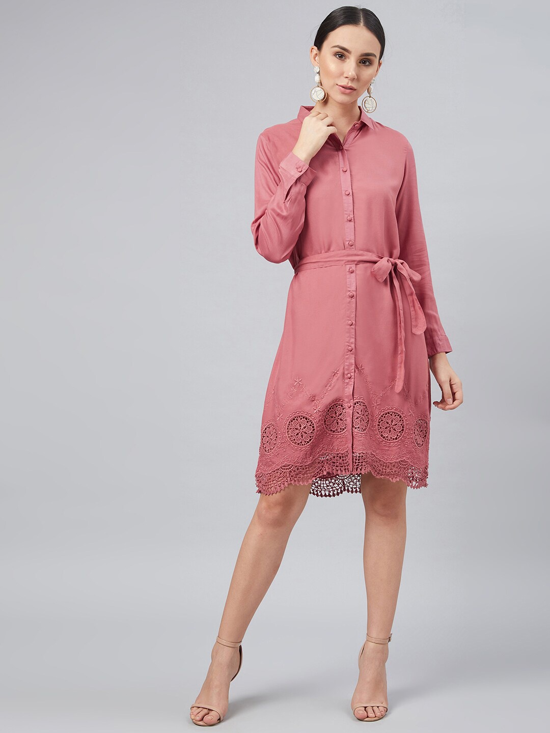

Carlton London Women Pink Solid Long Sleeves Shirt Dress