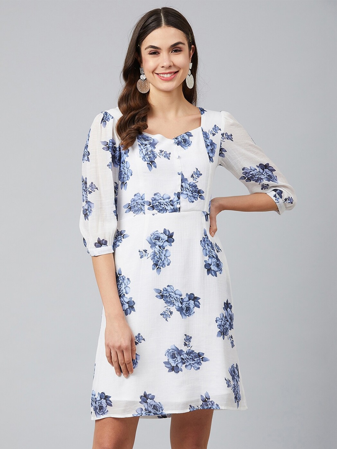 

Carlton London Women Off White & Blue Floral Crepe A-Line Dress