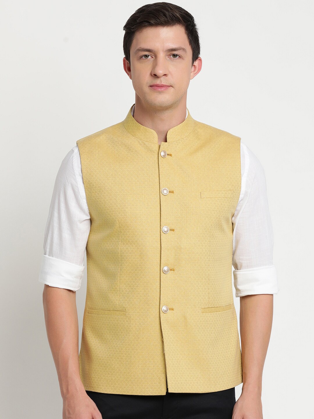 

Turtle Men Golden Woven-design Nehru Jacket, Yellow