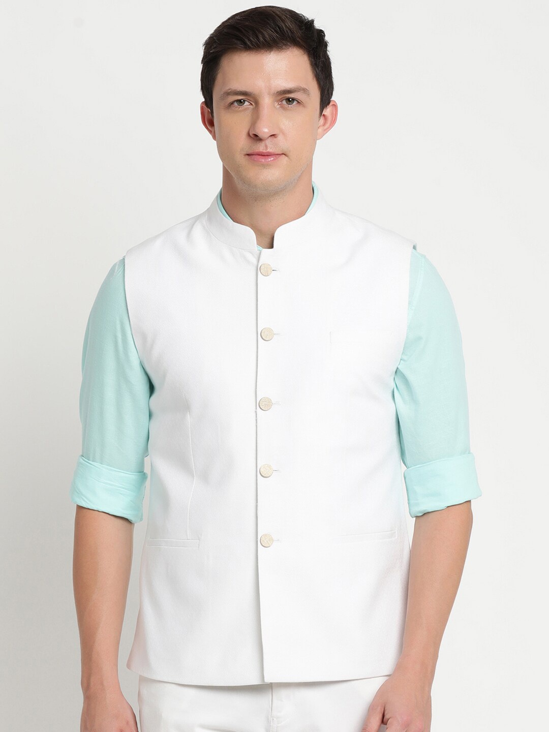 

Turtle Men White Solid Woven Nehru Jacket