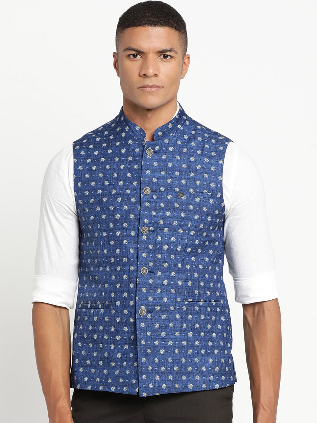 

Turtle Men Navy Blue Printed Woven Pure Cotton Nehru Jacket