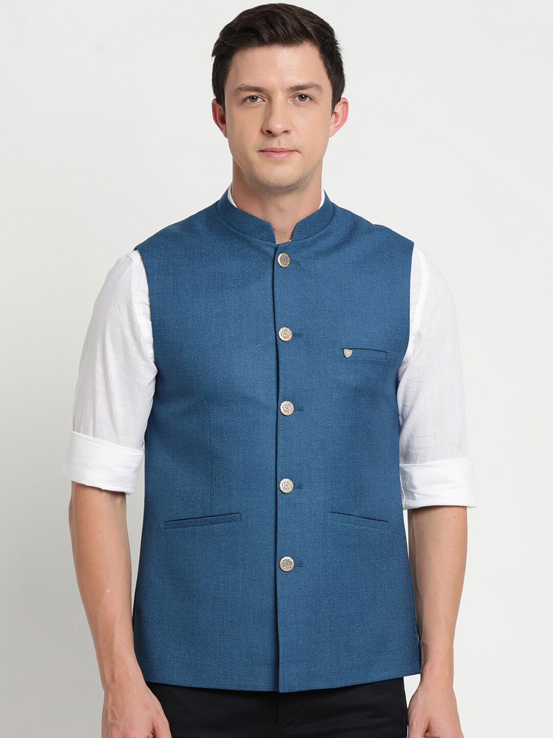 

Turtle Men Navy Blue Solid Pure Cotton Nehru Jackets