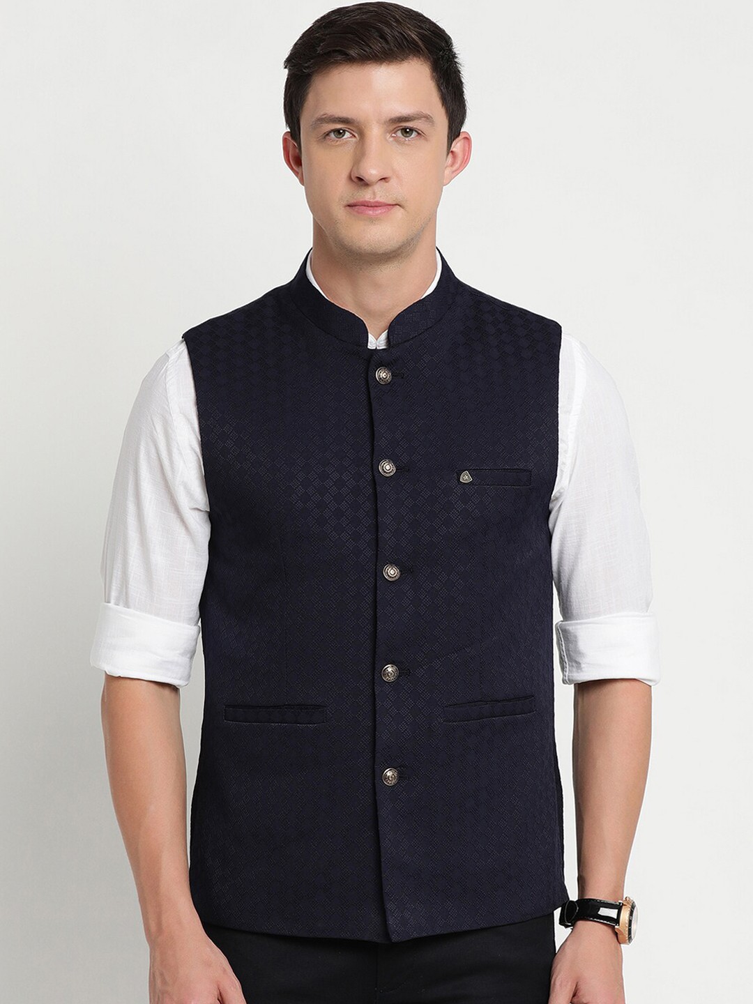 

Turtle Men Navy Blue Woven Design Nehru Jacket