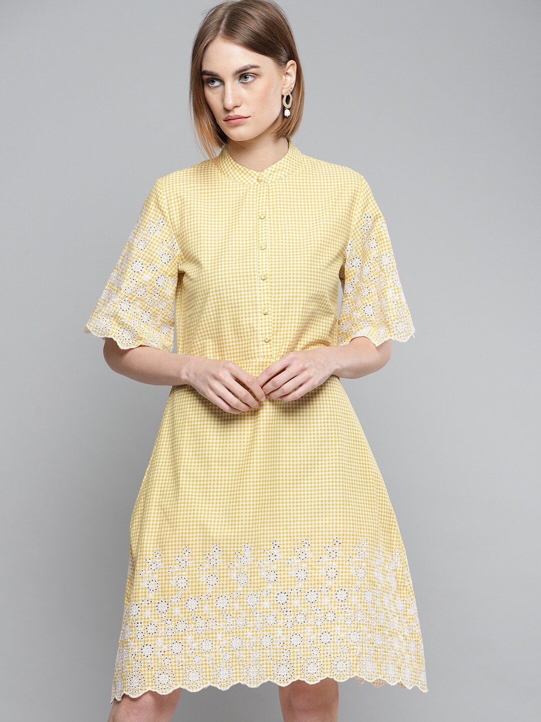 

Carlton London Yellow & White Checked Cotton A-Line Dress