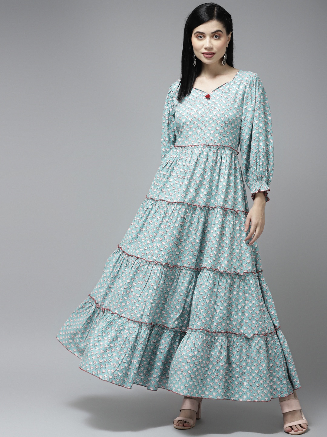

Prakrti Sea Green & White Printed Ethnic Maxi Dress