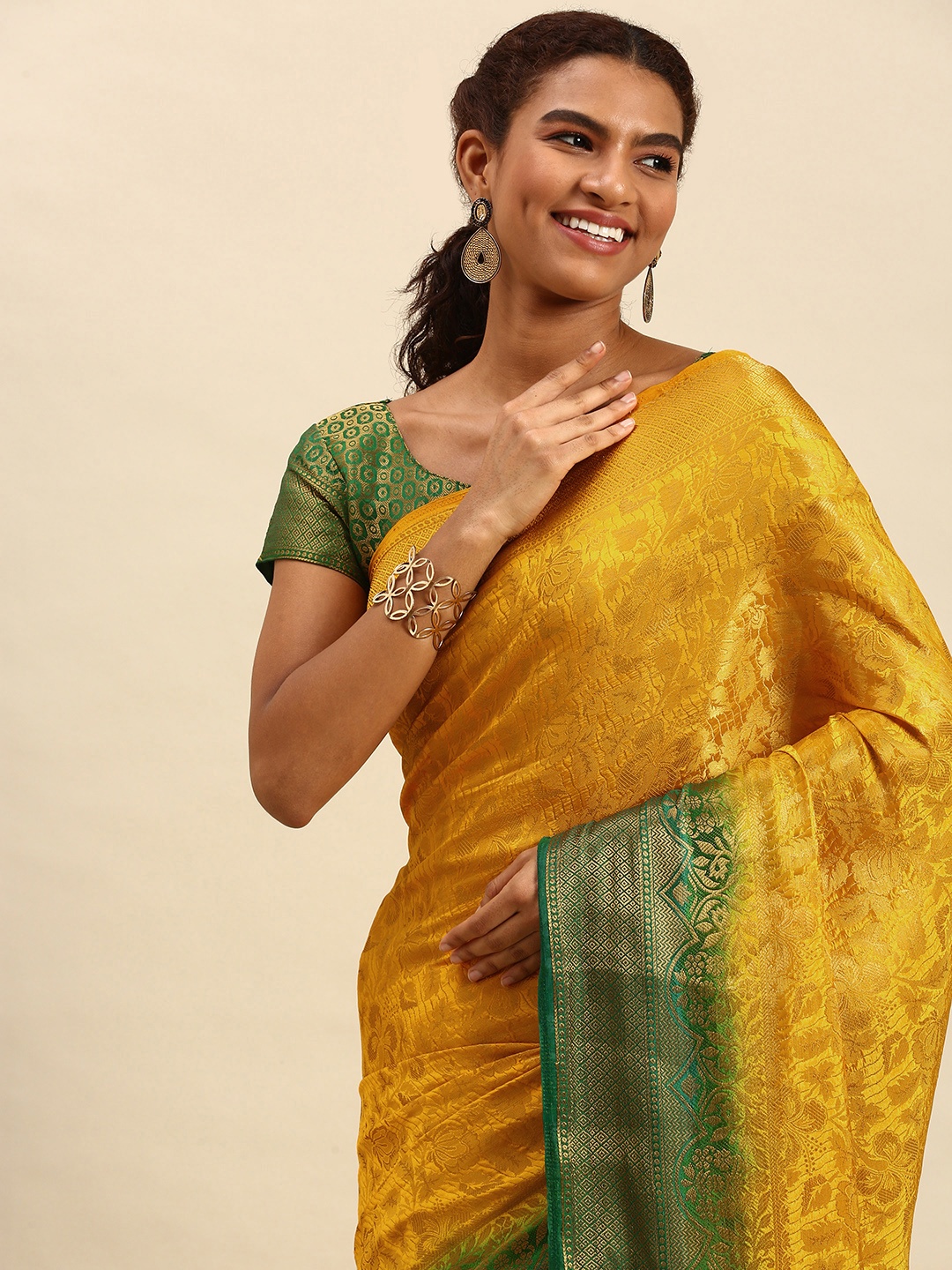 

nirja Fab Yellow & Green Woven Design Art Silk Kanjeevaram Saree