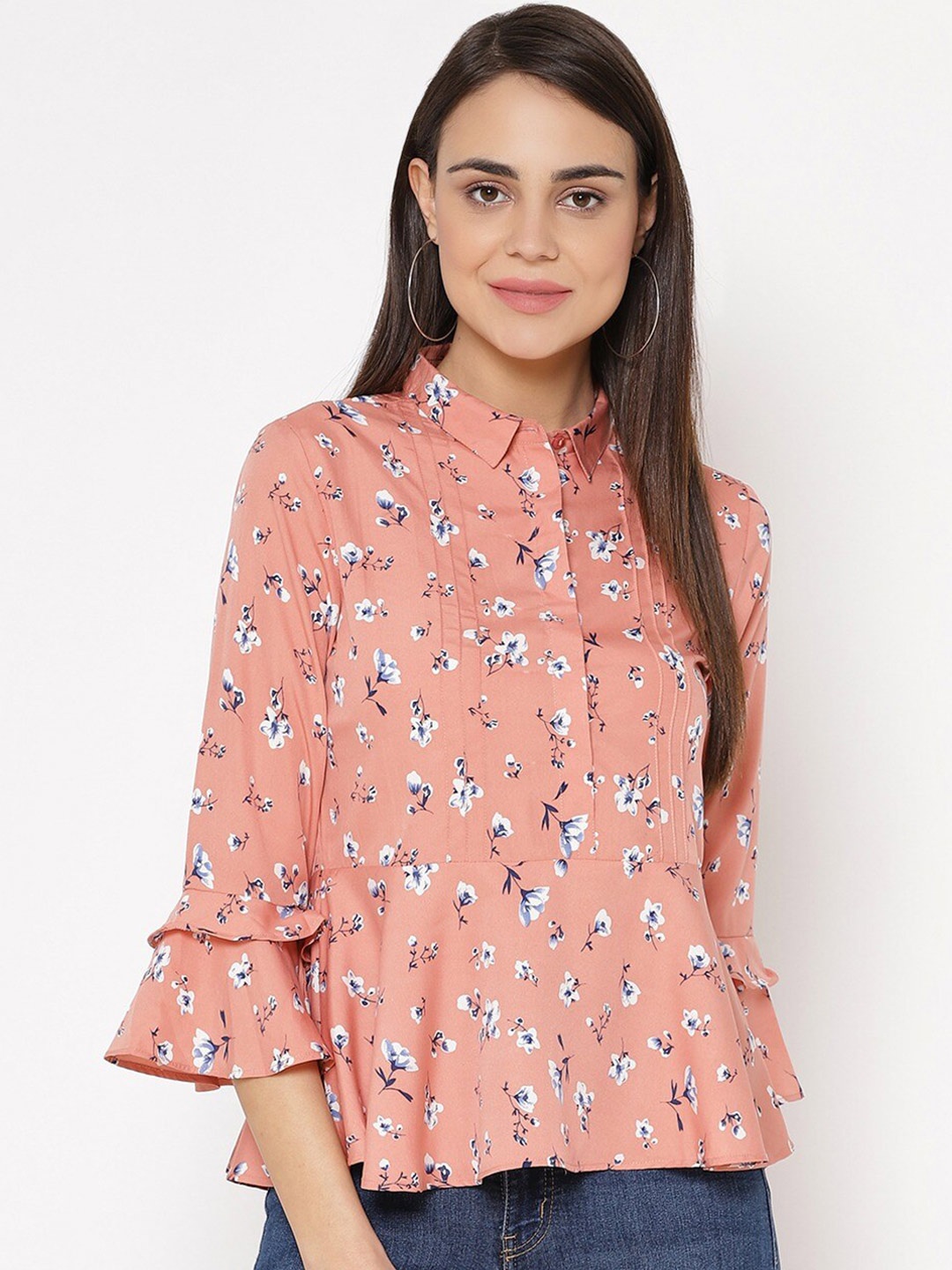 

Carlton London Women Peach-Coloured Floral Print Crepe Shirt Style Top