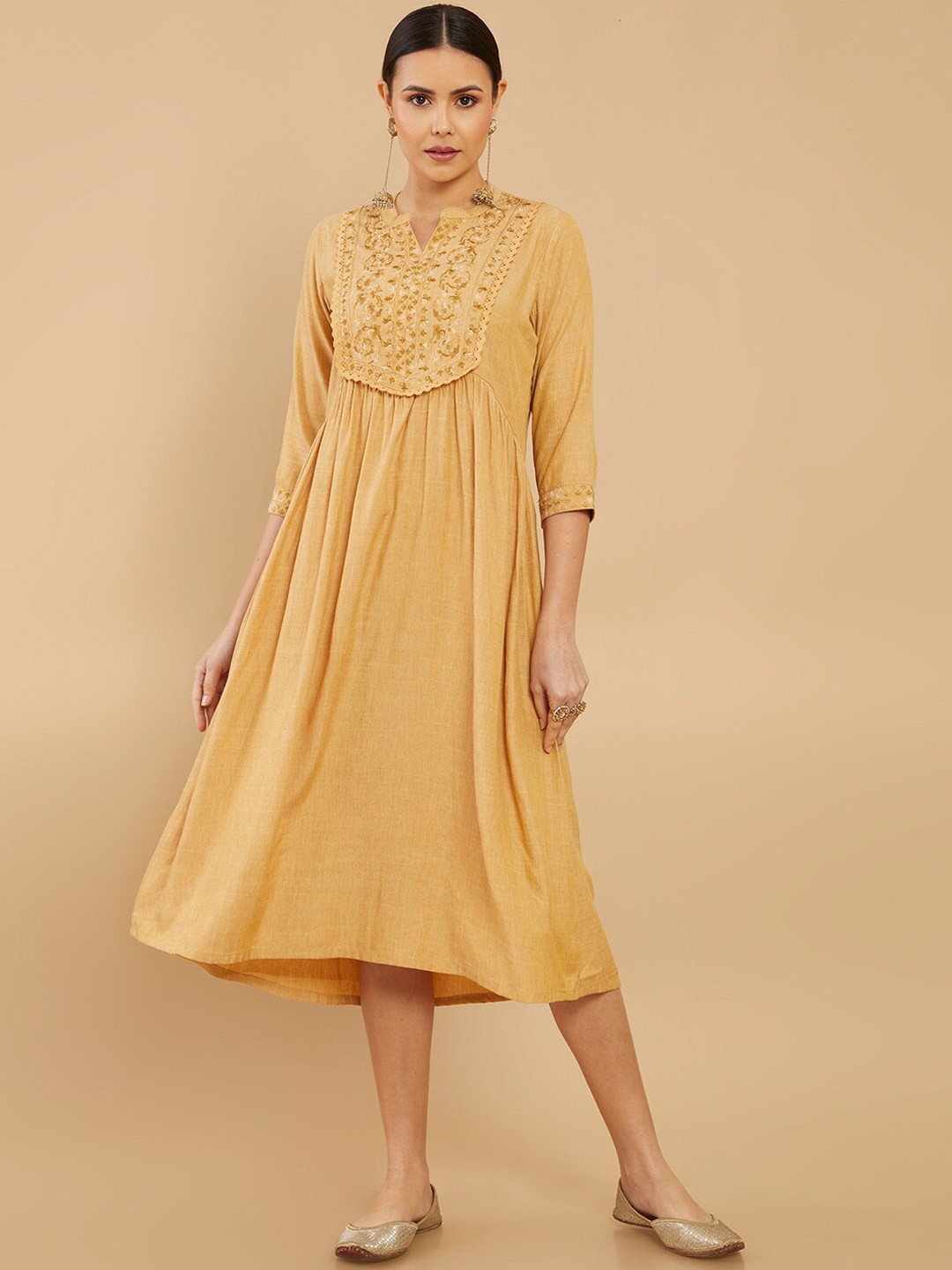 

Soch Mustard Yellow Floral Embroidered Ethnic A-Line Dress