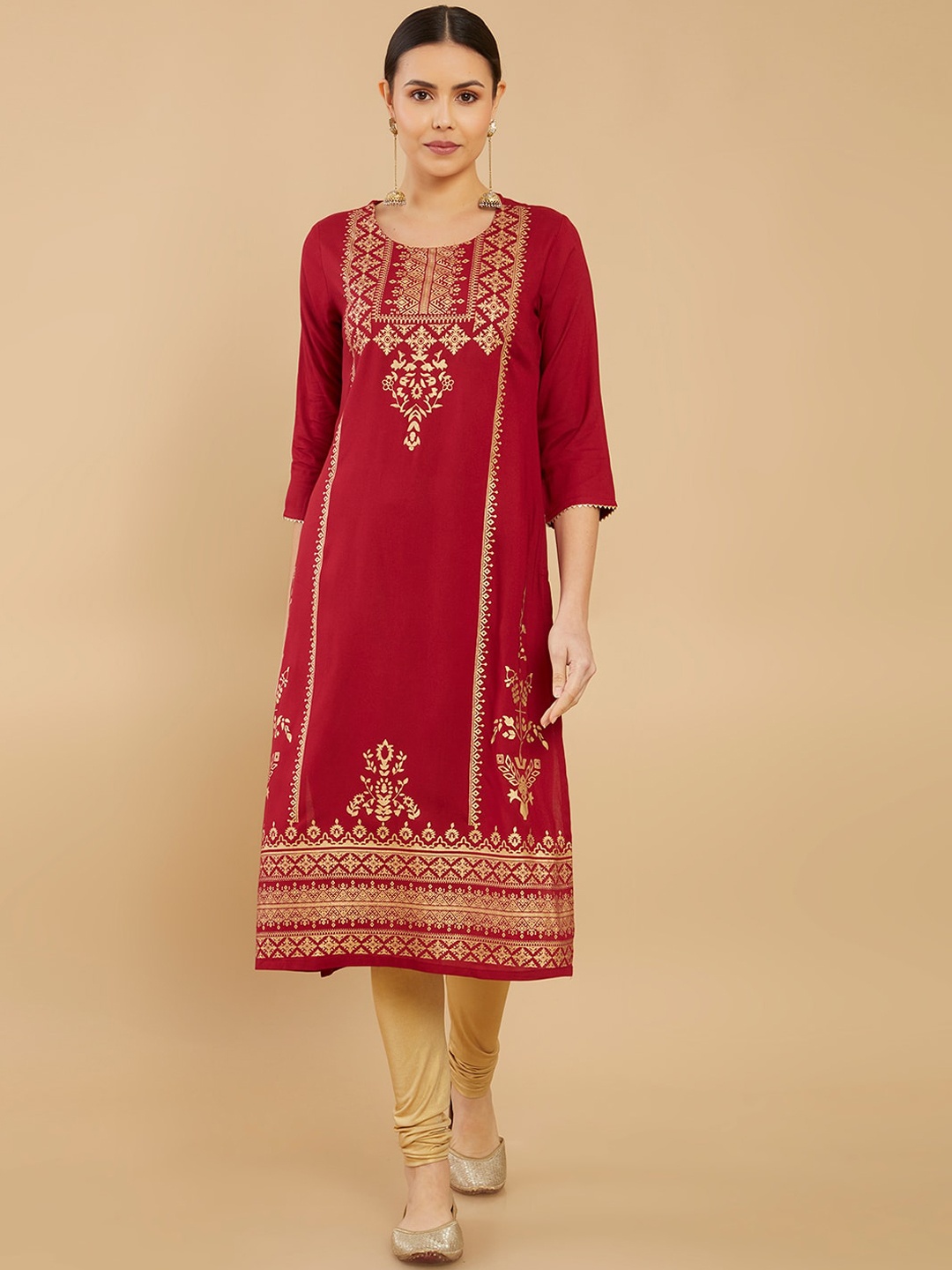 

Soch Ethnic Motifs Foil Printed Straight Regular Kurta, Maroon