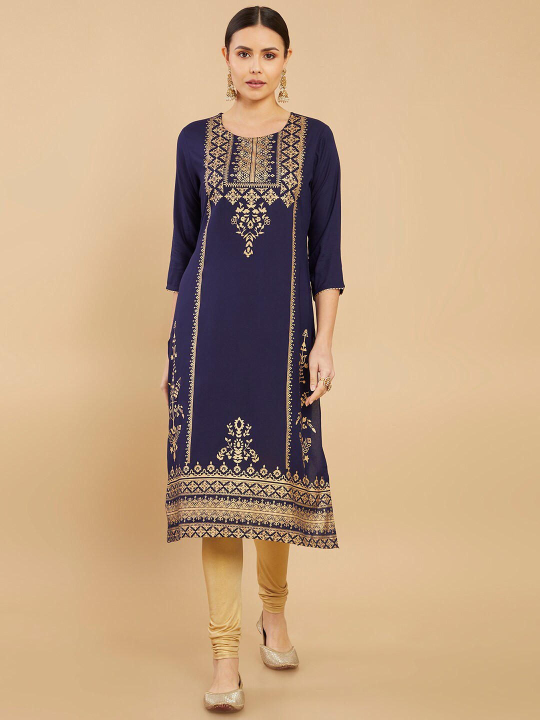 

Soch Women Navy Blue & Gold-Toned Floral Printed Mirror Work Kurta