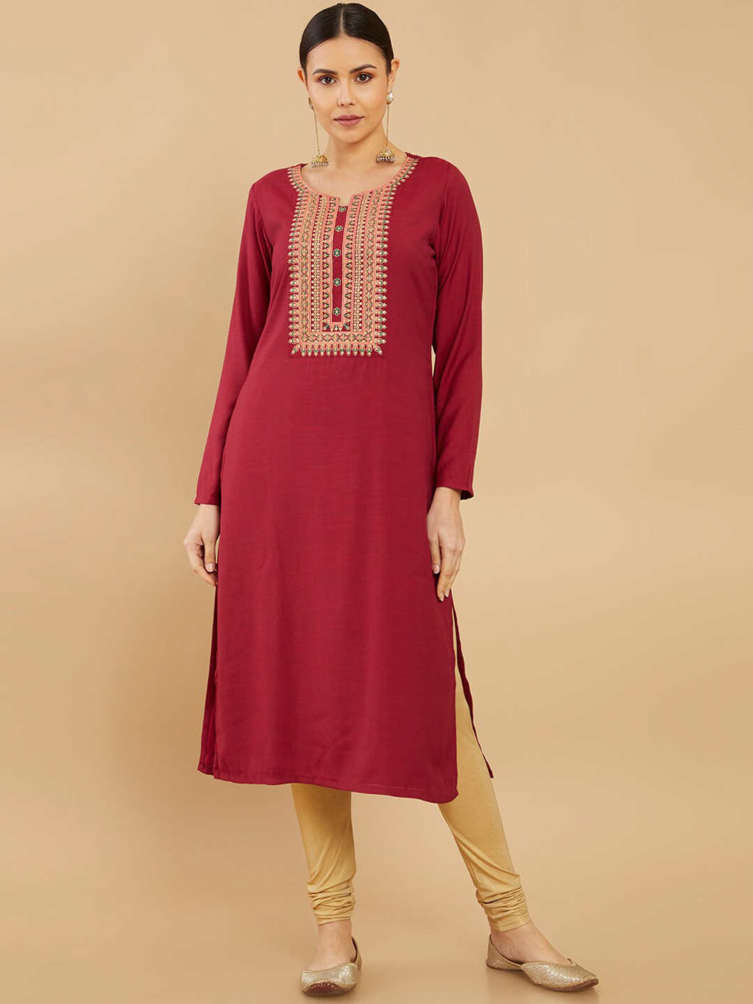 

Soch Women Maroon & Gold-Toned Floral Yoke Design Kurta