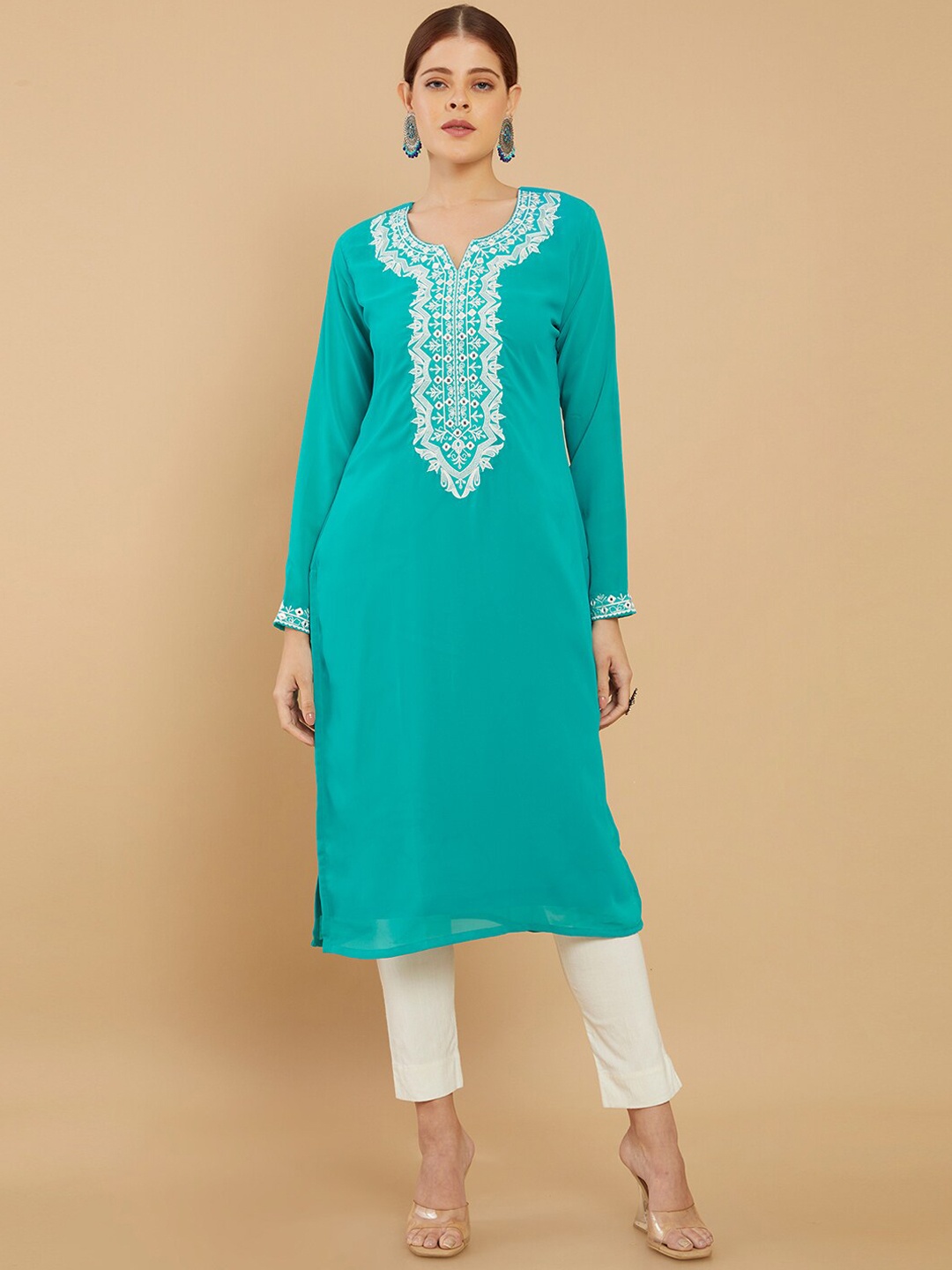 

Soch Women Turquoise Blue & White Ethnic Motifs Yoke Design Thread Work Georgette Kurta