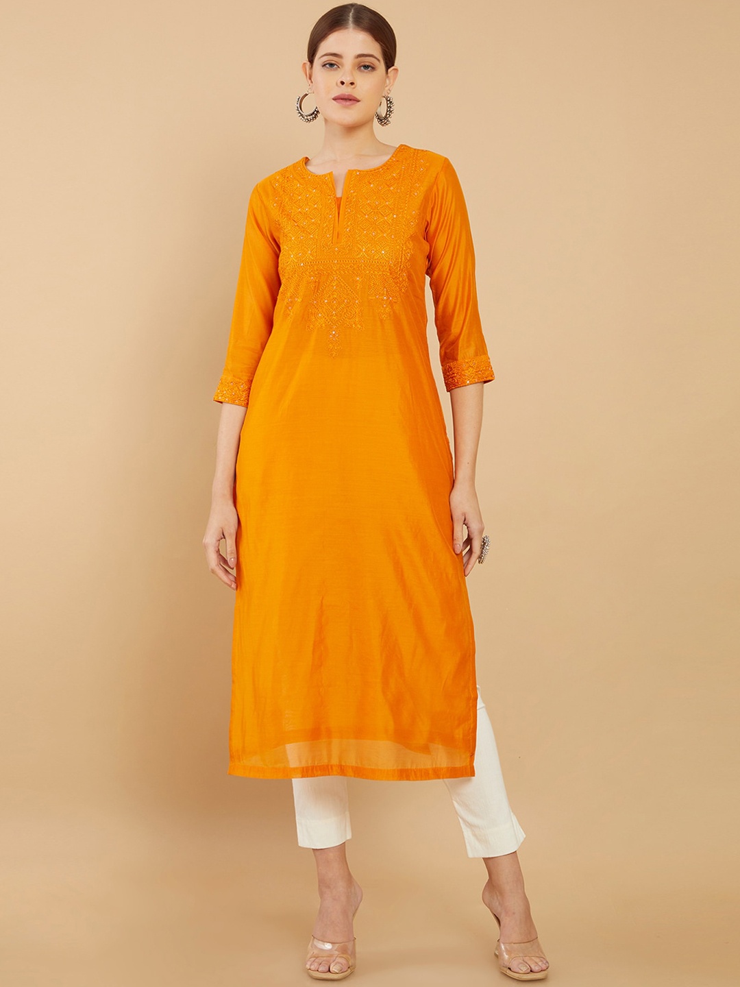 

Soch Women Floral Yoke Design Chanderi Silk Kurta, Mustard