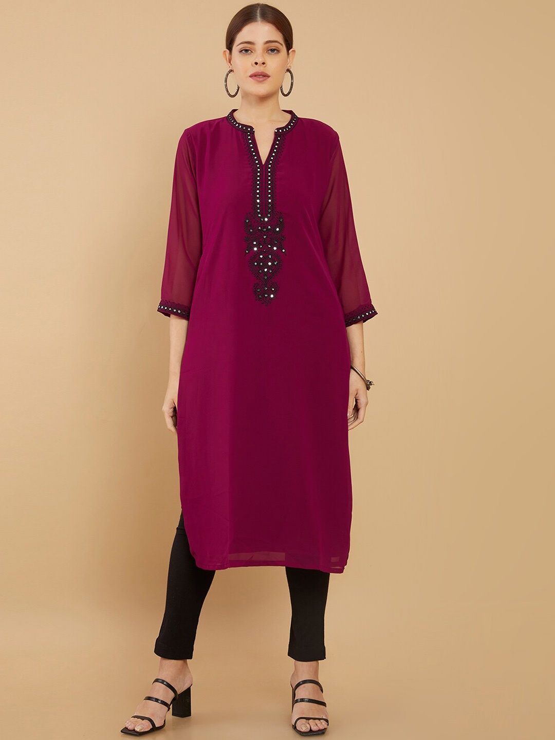 

Soch Geometric Yoke Design Thread Work Georgette Kurta, Magenta