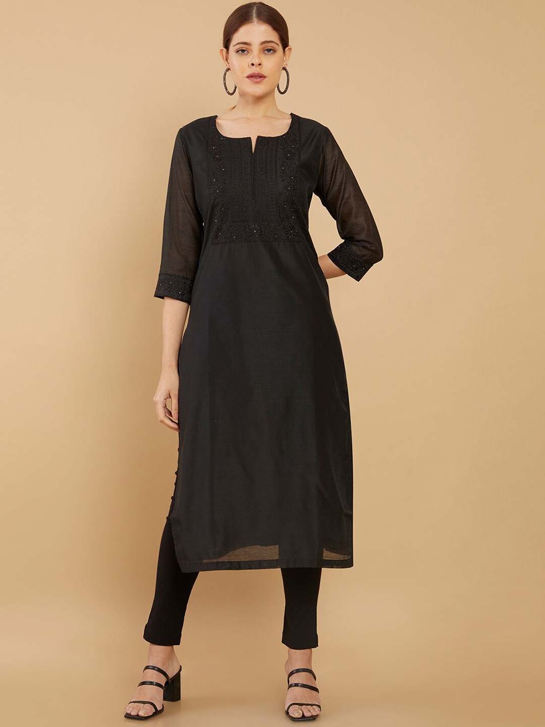 

Soch Women Black Yoke Design Keyhole Neck Thread Work Chanderi Silk Kurta