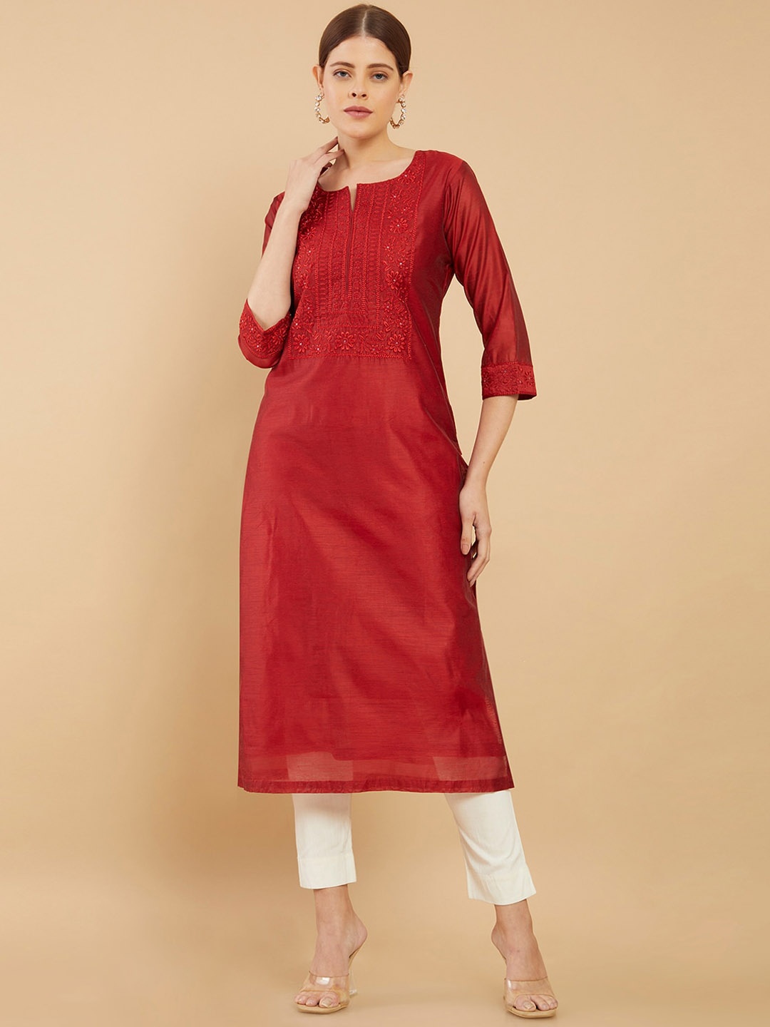 

Soch Women Floral Yoke Design Straight Chanderi Silk Kurta, Maroon