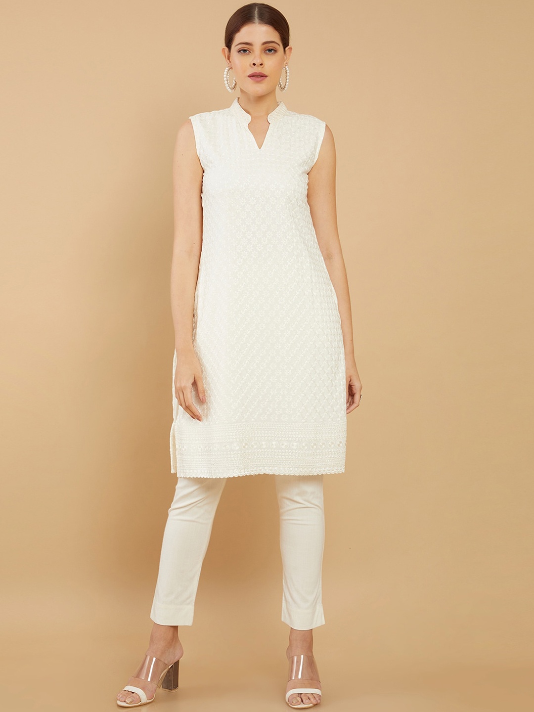 Soch Floral Embroidered Mandarin Collar Georgette Kurta, White