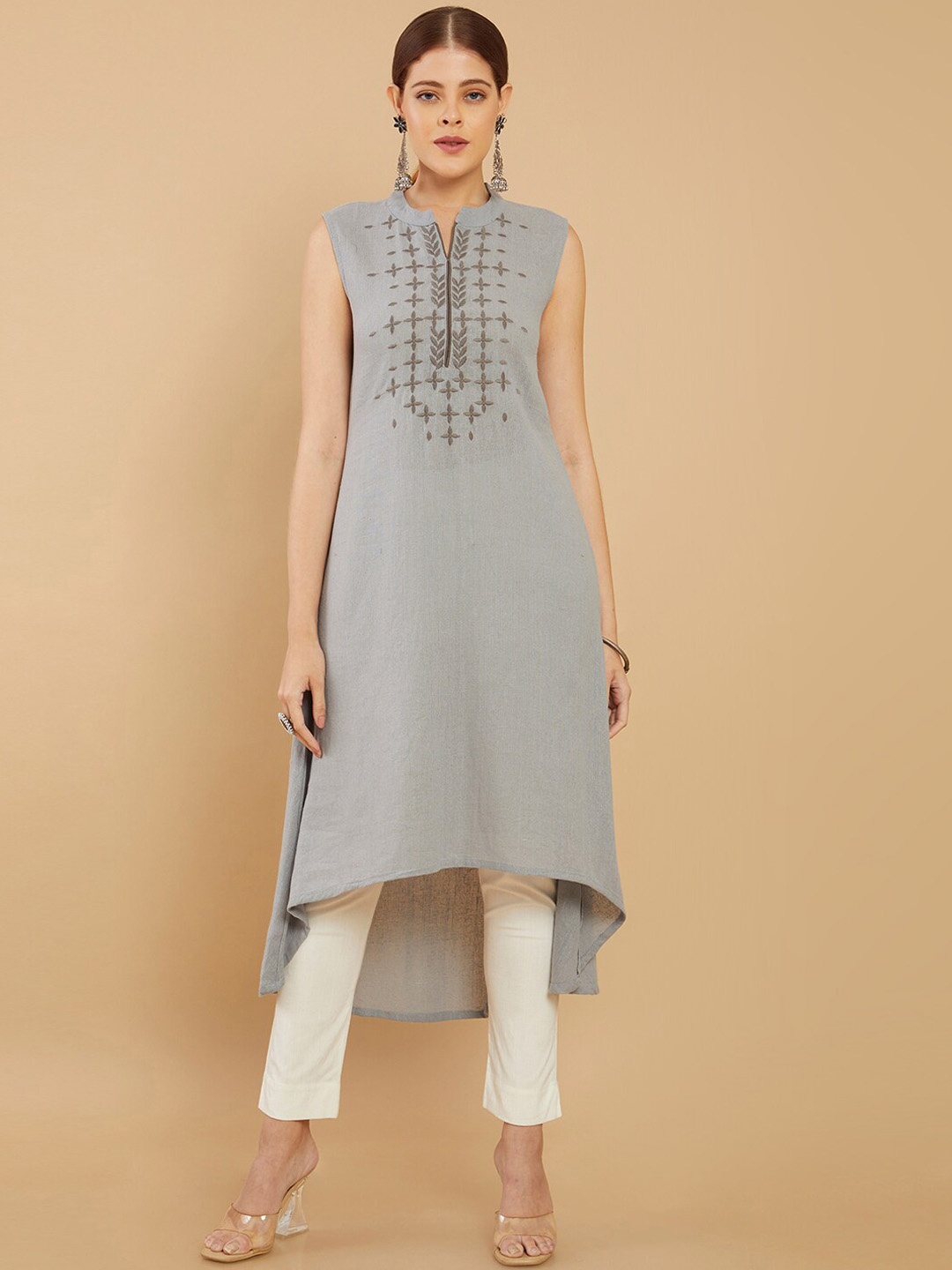 

Soch Mandarin Collar Ethnic Motifs Yoke Design High Low Cotton Kurta, Grey