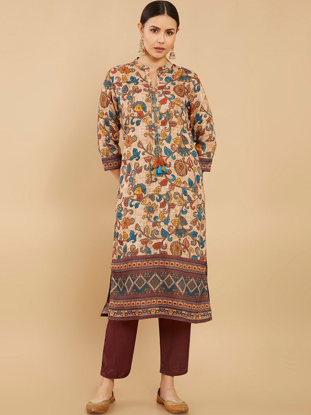 

Soch Mandarin Collar Floral Printed Linen Kurta, Beige