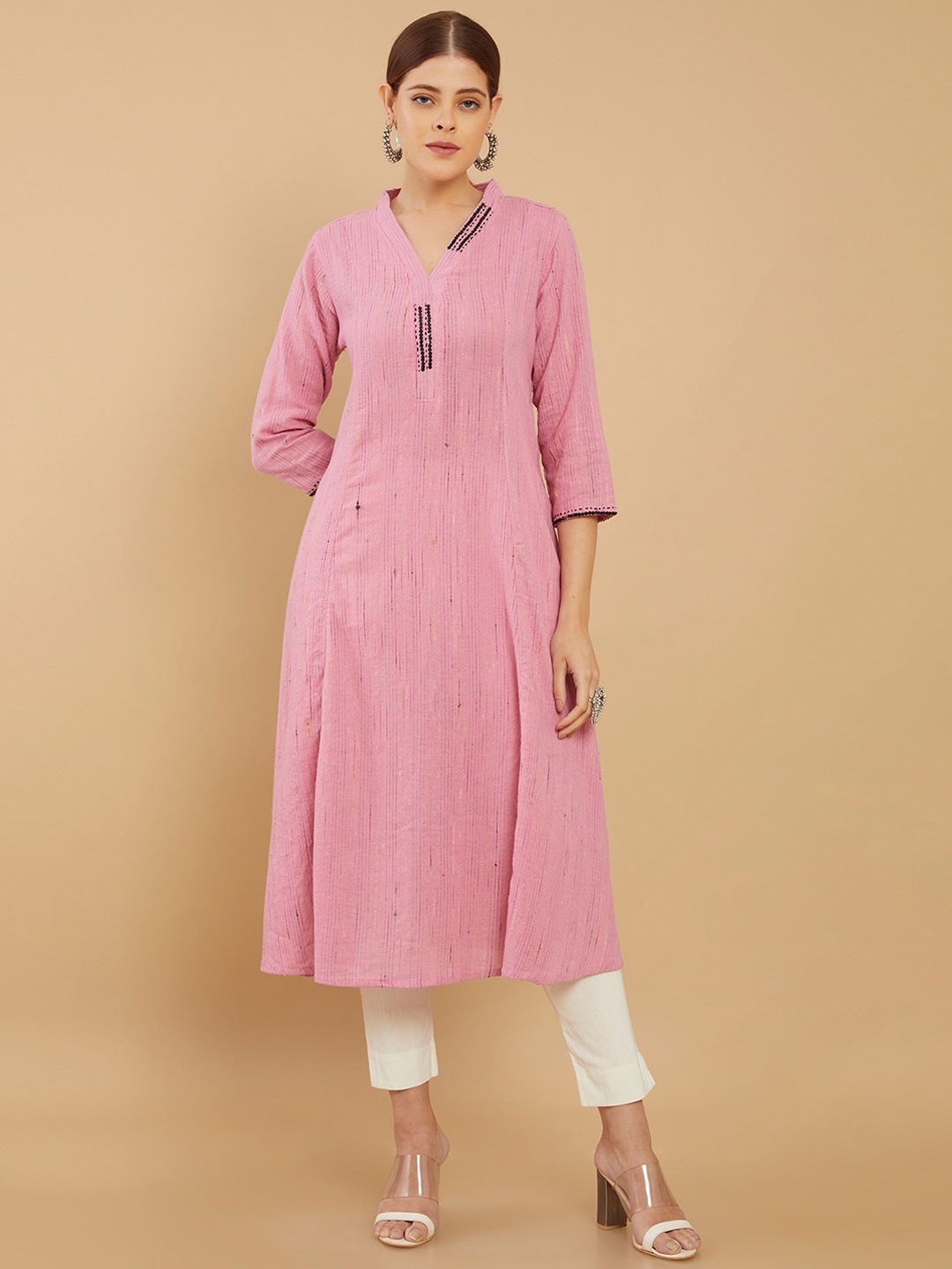 

Soch Mandarin Collar Striped Cotton Kurta, Pink