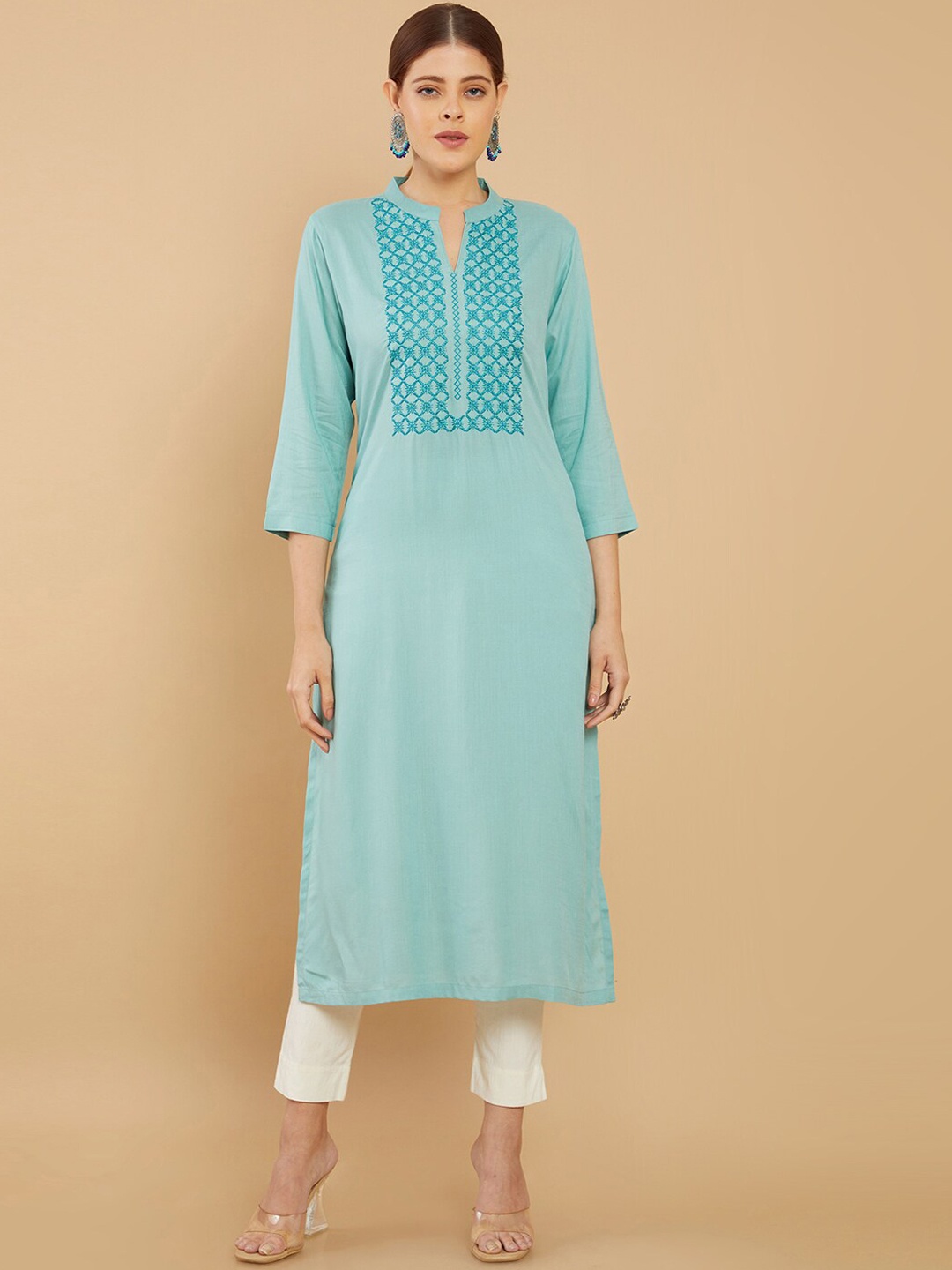 

Soch Mandarin Collar Geometric Yoke Design Kurta, Turquoise blue