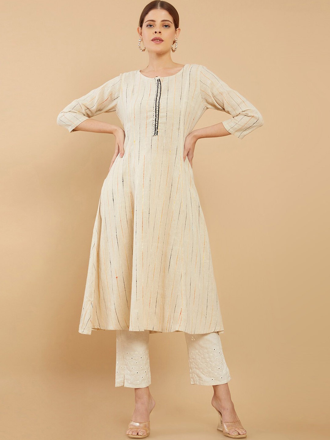 

Soch Striped A-Line Anarkali Regular Kurta, Beige
