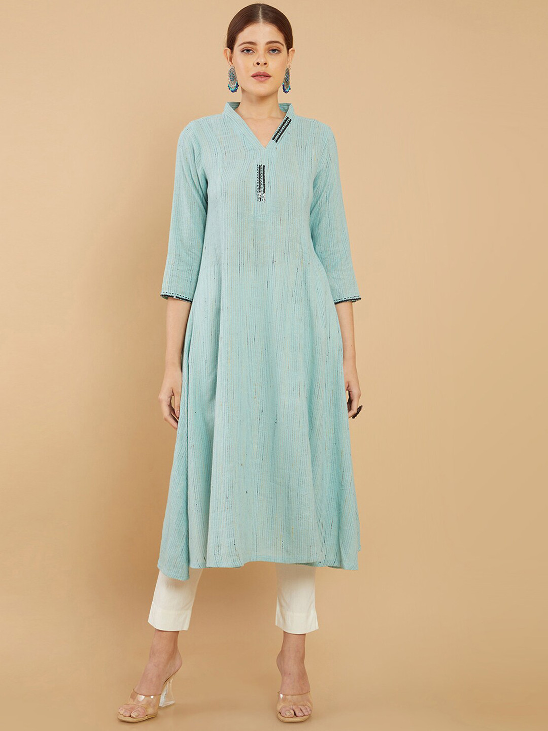 

Soch V-Neck Striped A-Line Cotton Kurta, Blue