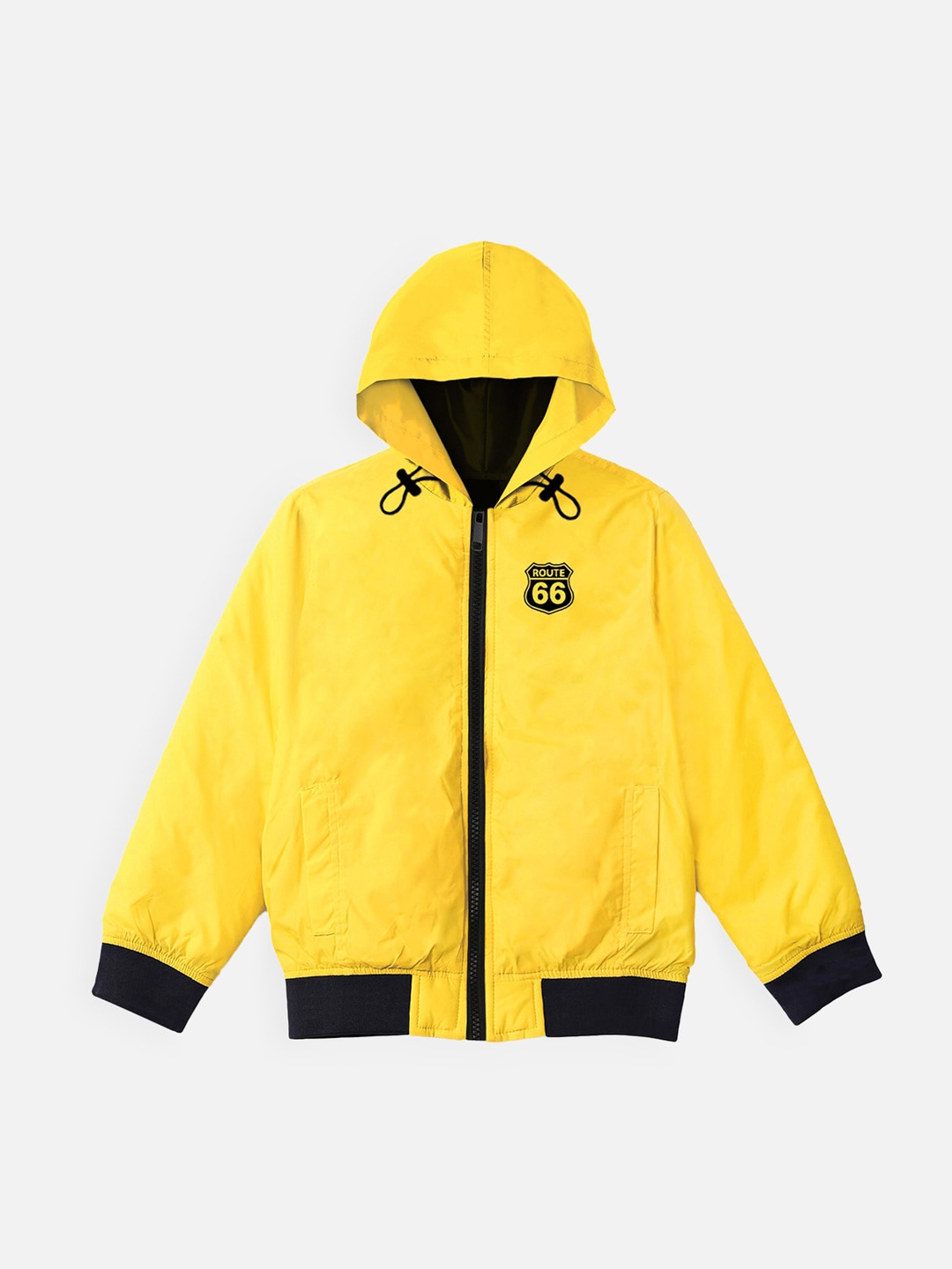 

YK Kids Yellow & Black Solid Hooded Bomber Jacket