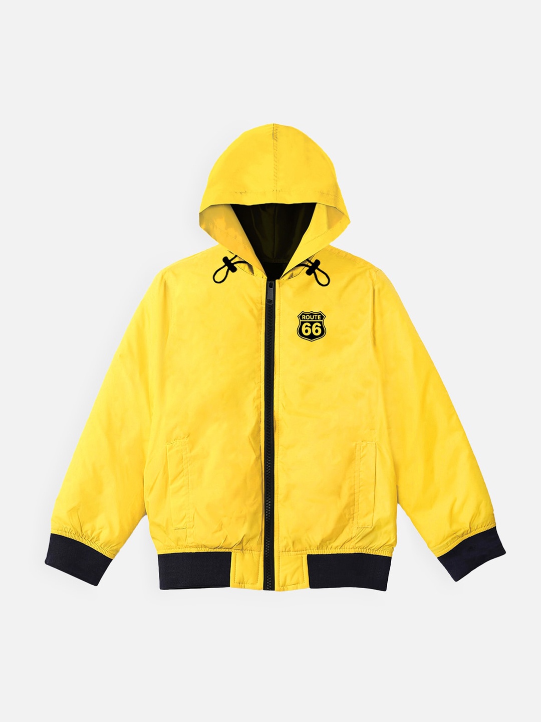 

YK Kids Yellow & Black Solid Hooded Bomber Jacket