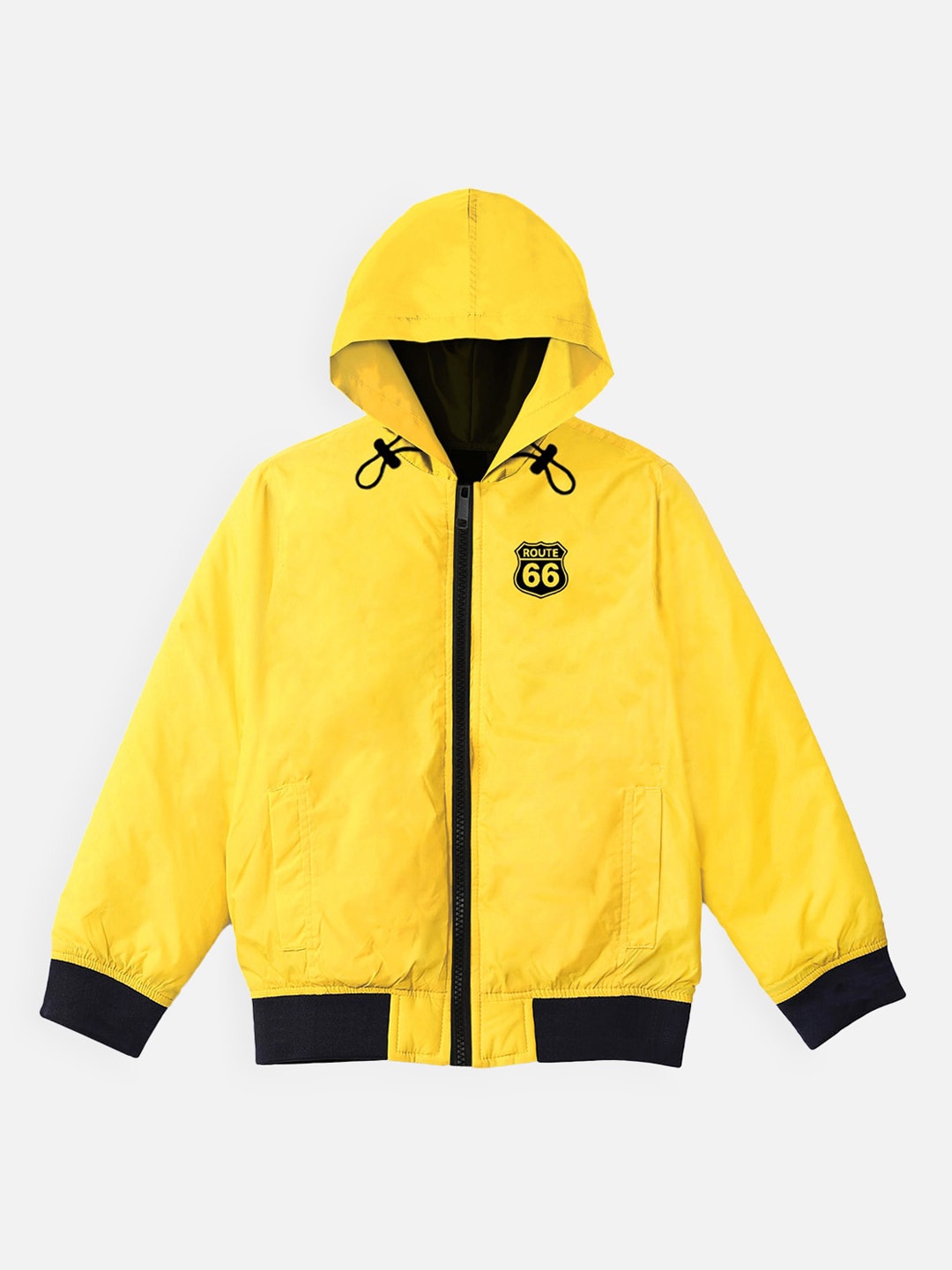 

YK Kids Yellow & Black Solid Hooded Bomber Jacket