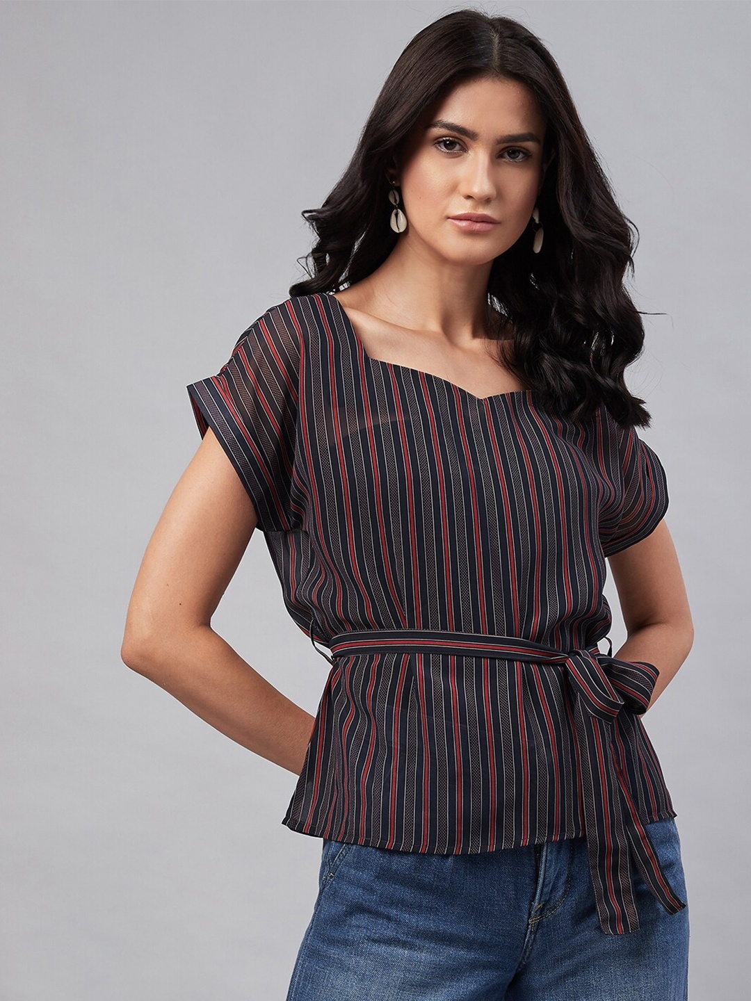 

Carlton London Women Blue Striped Sweetheart Neck Extended Sleeves Crepe Top