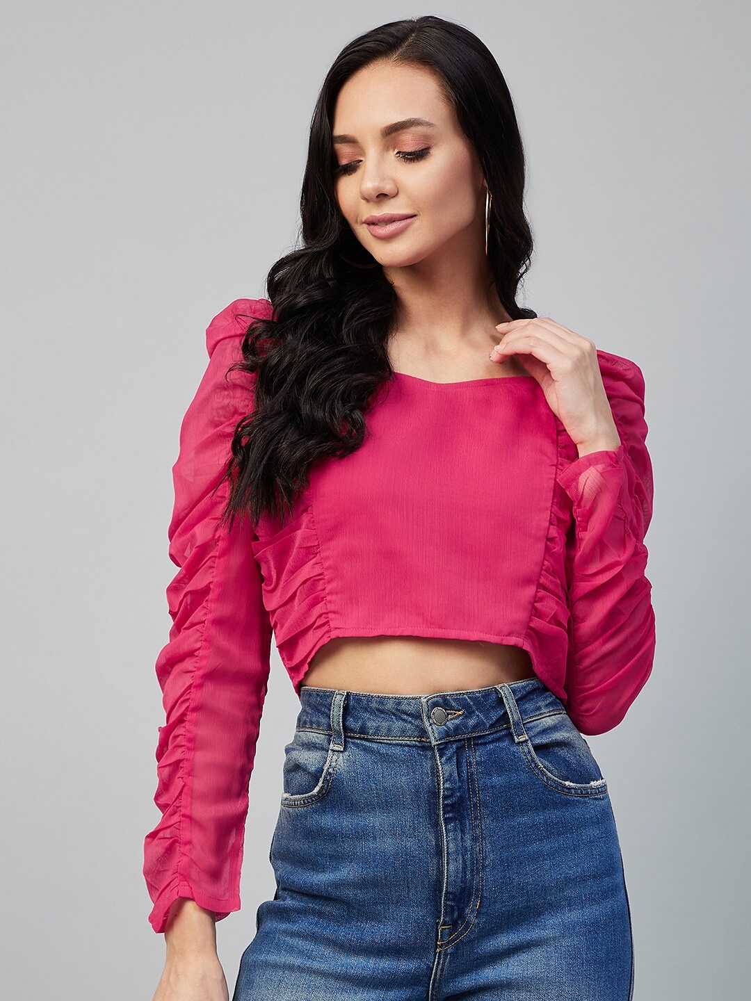 

Carlton London Women Magenta Smocked Georgette Crop Top