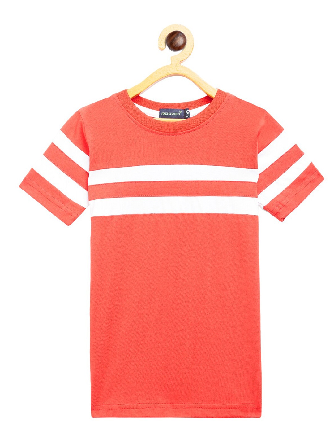 

Rodzen Boys Red Striped Pure Cotton T-shirt