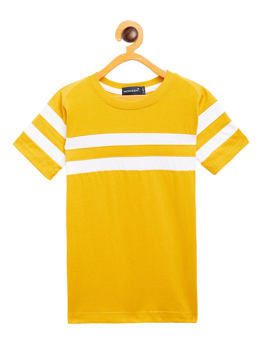 

Rodzen Boys Mustard Yellow Striped Pure Cotton T-shirt