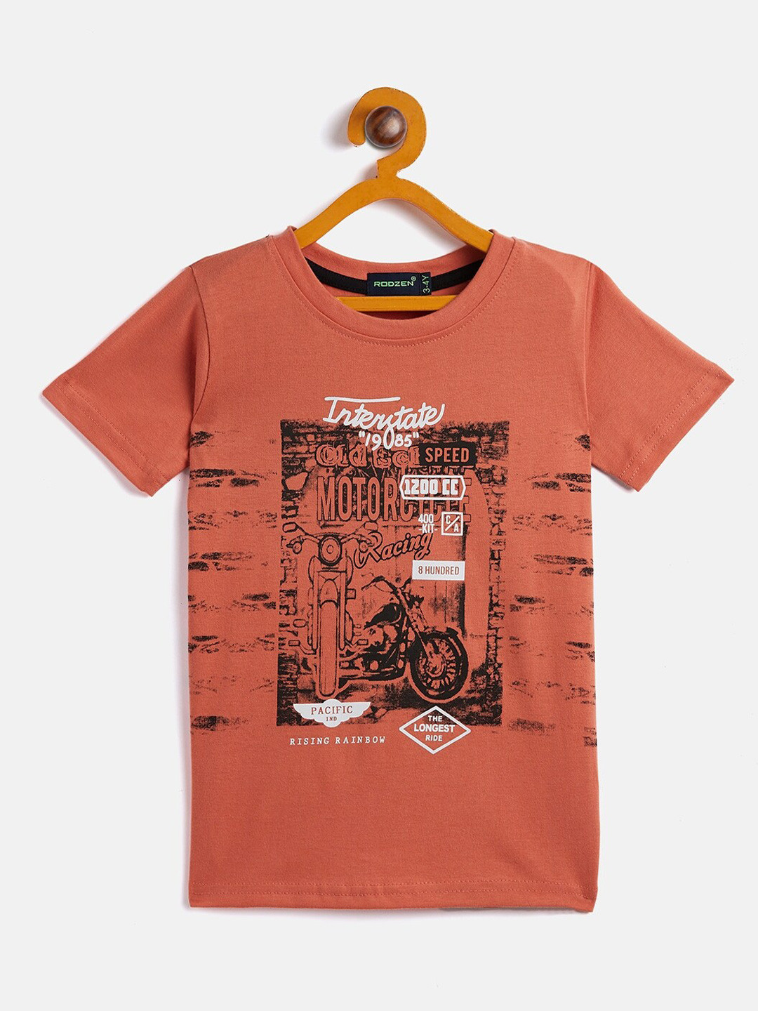 

Rodzen Boys Peach-Coloured Biker Printed Pure Cotton T-shirt