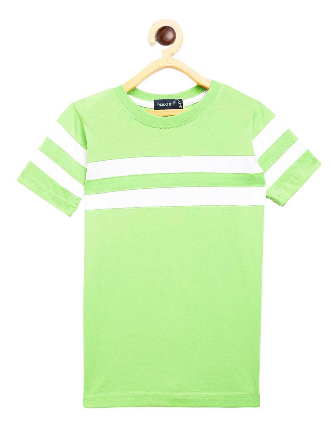 

Rodzen Boys Green Striped Pure Cotton T-shirt