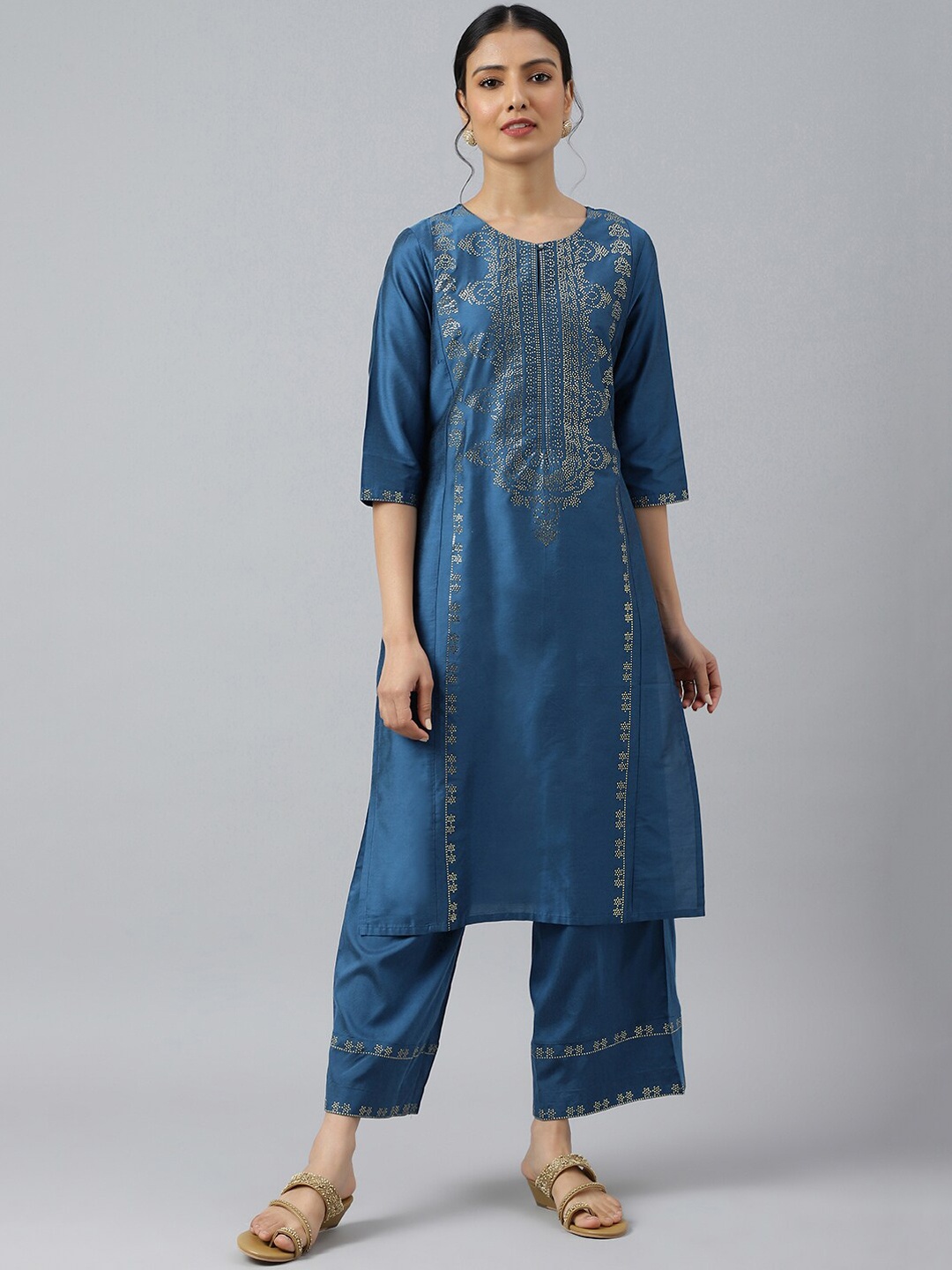 

W Women Blue Embroidered Kurta with Palazzos