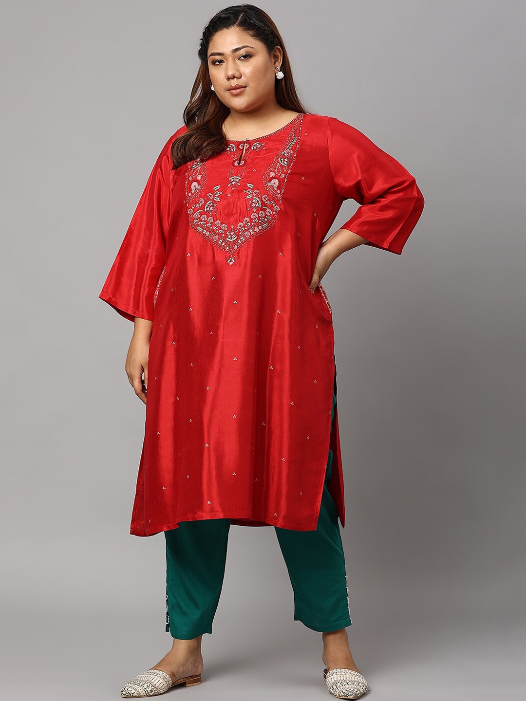 

W Women Plus Size Red Floral Embroidered Kurta with Trousers