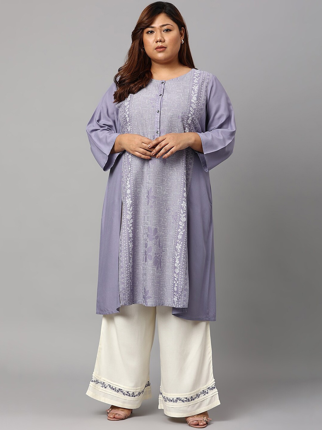 

W Women Plus Size Purple Floral Printed Kurta with Palazzos