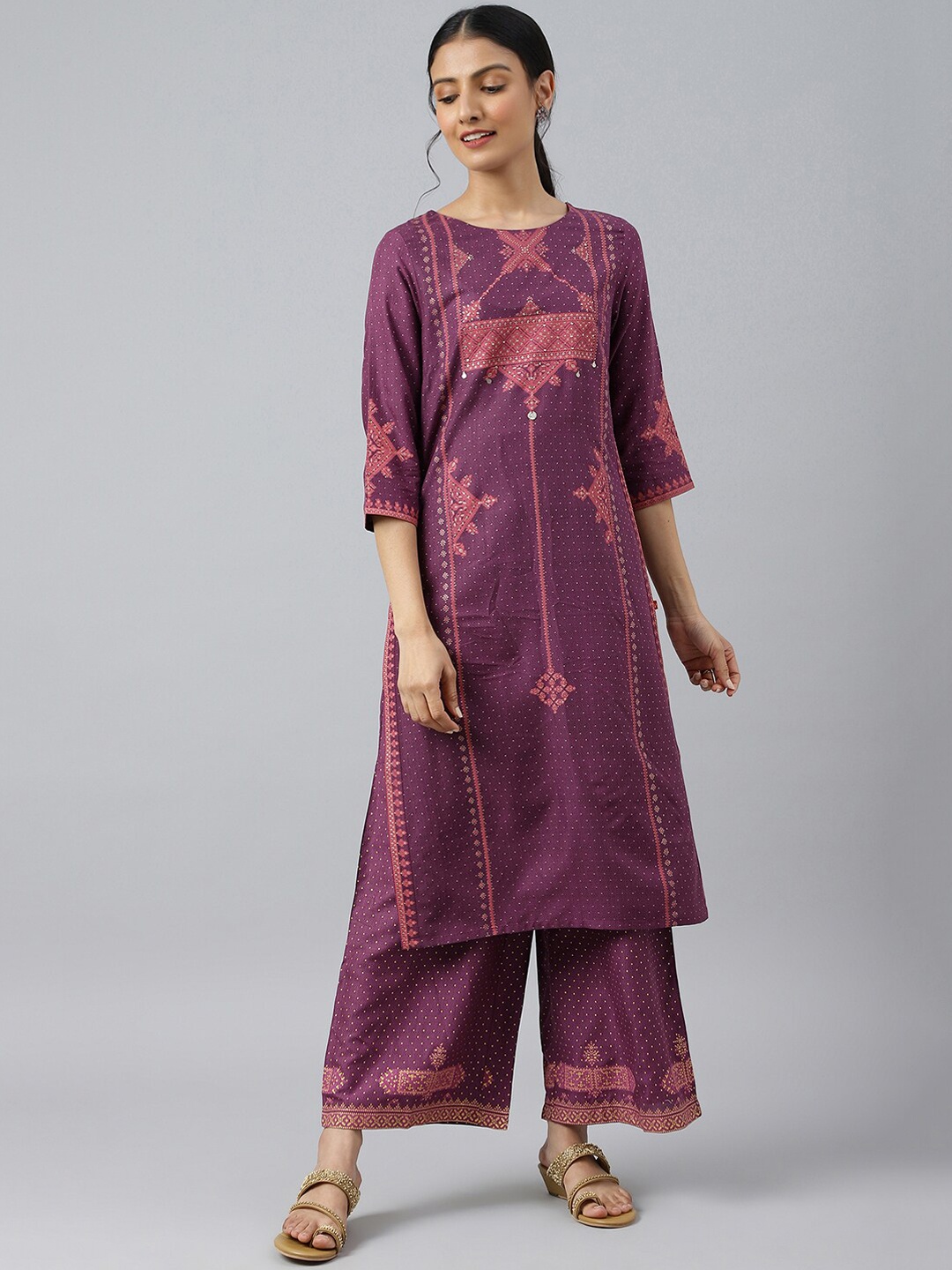 

W Women Purple Ethnic Motifs Printed Kurta with Palazzos