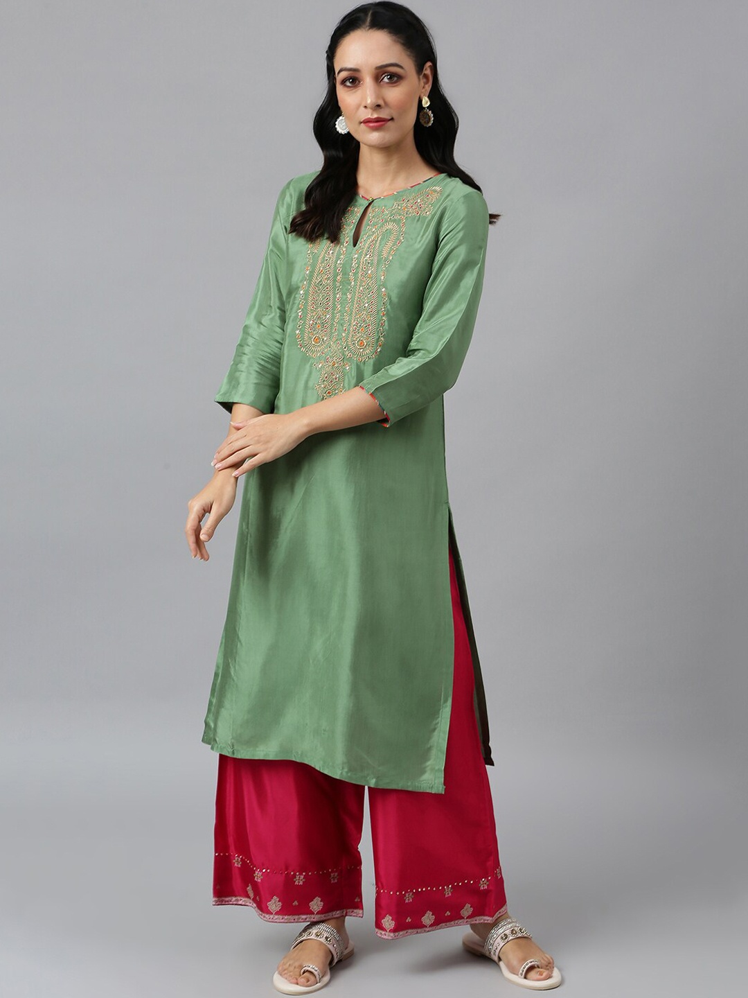 

W Women Green Floral Embroidered Kurta with Palazzos