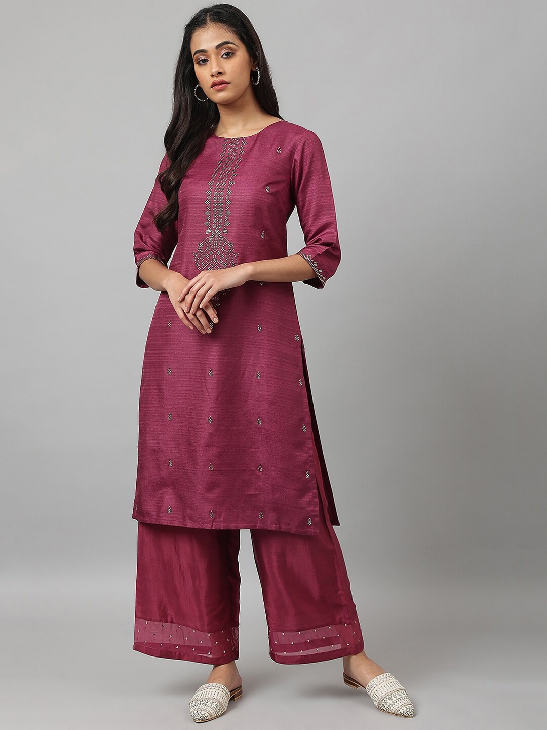 

W Women Purple Embroidered Kurta with Palazzos