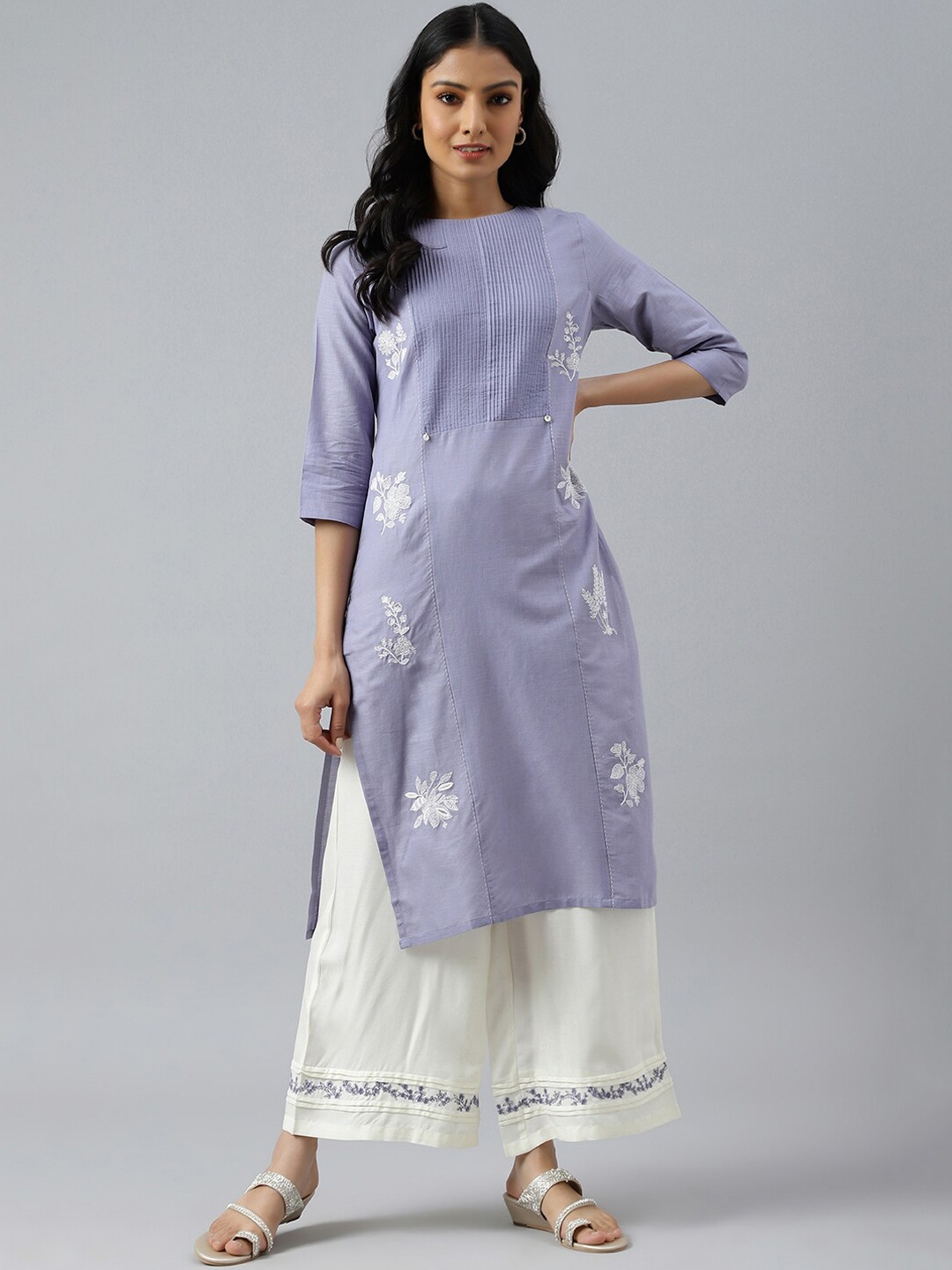 

W Women Blue Floral Embroidered Kurta with Palazzos