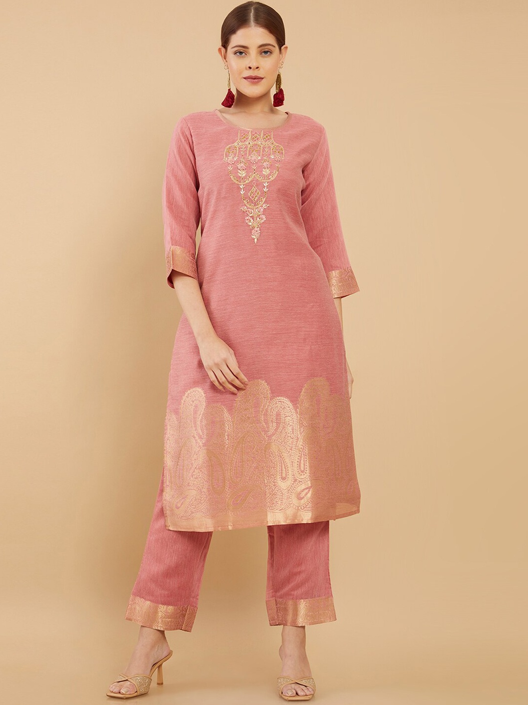

Soch Women Pink Thread Work Chanderi Cotton Kurta with Trousers
