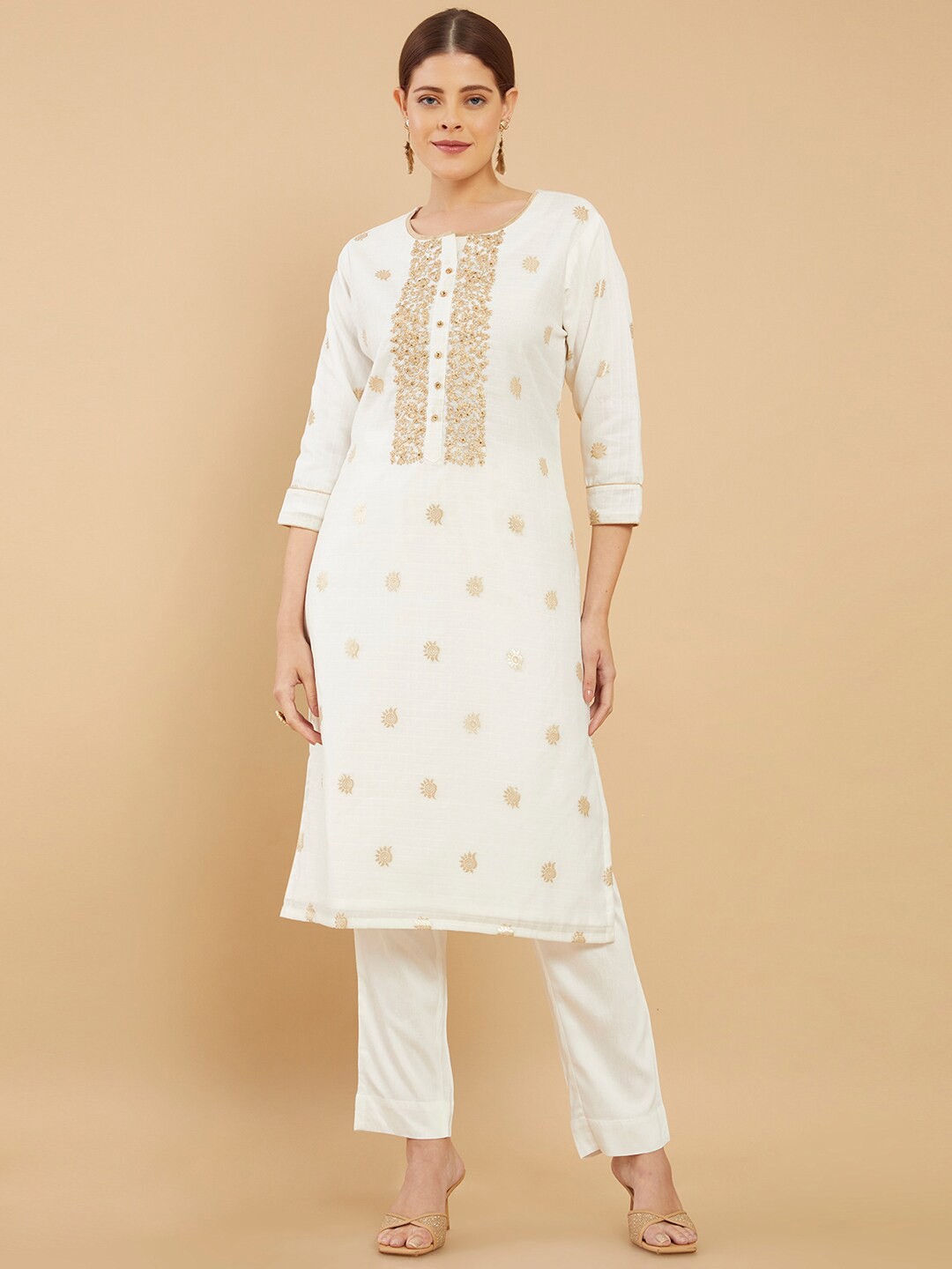 

Soch Women White Floral Embroidered Thread Work Chanderi Cotton Kurta with Trousers