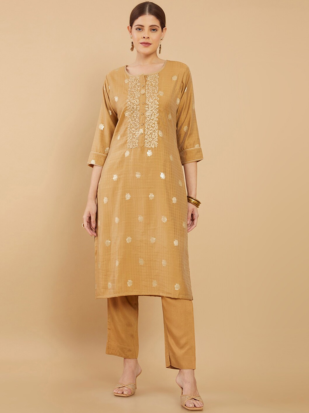 

Soch Women Brown Floral Embroidered Thread Work Chanderi Cotton Kurta with Trousers