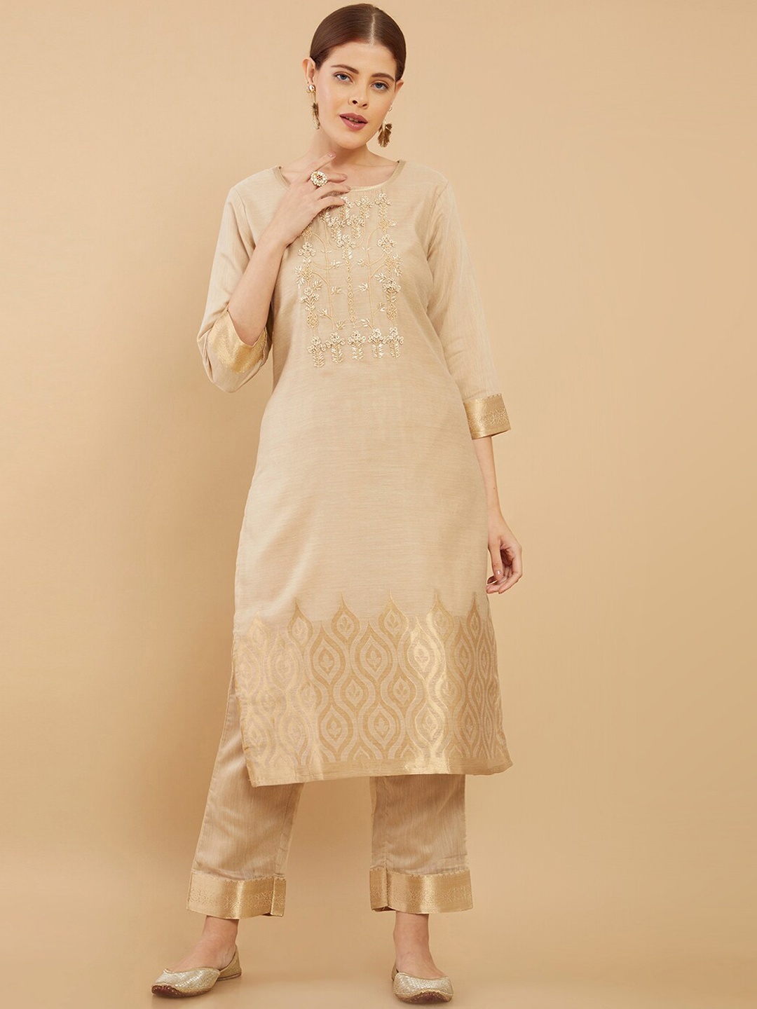 

Soch Women Beige Floral Embroidered Thread Work Chanderi Cotton Kurta with Trousers