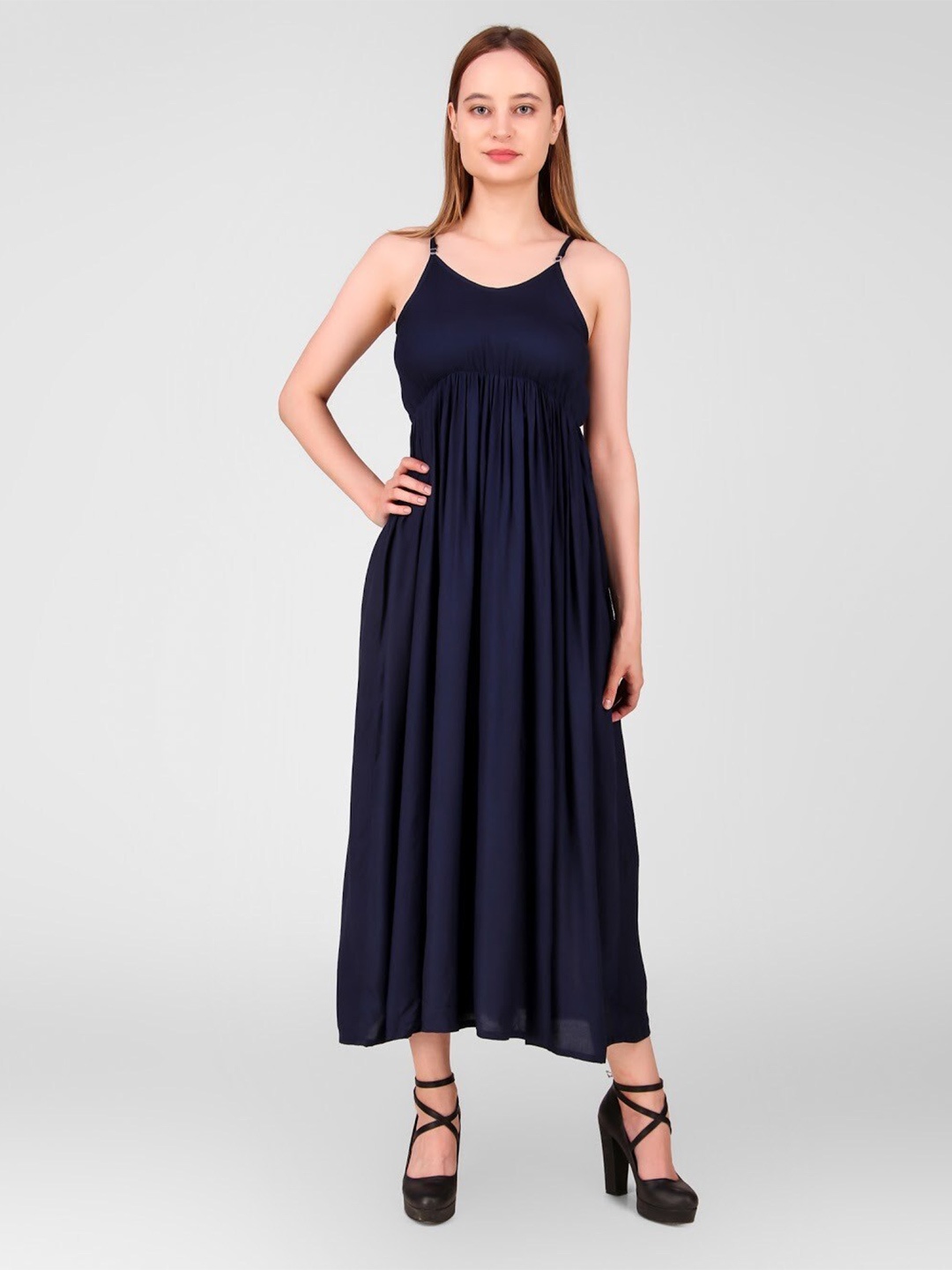 

PURSHOTTAM WALA Women Navy Blue Gathered Maxi Dress